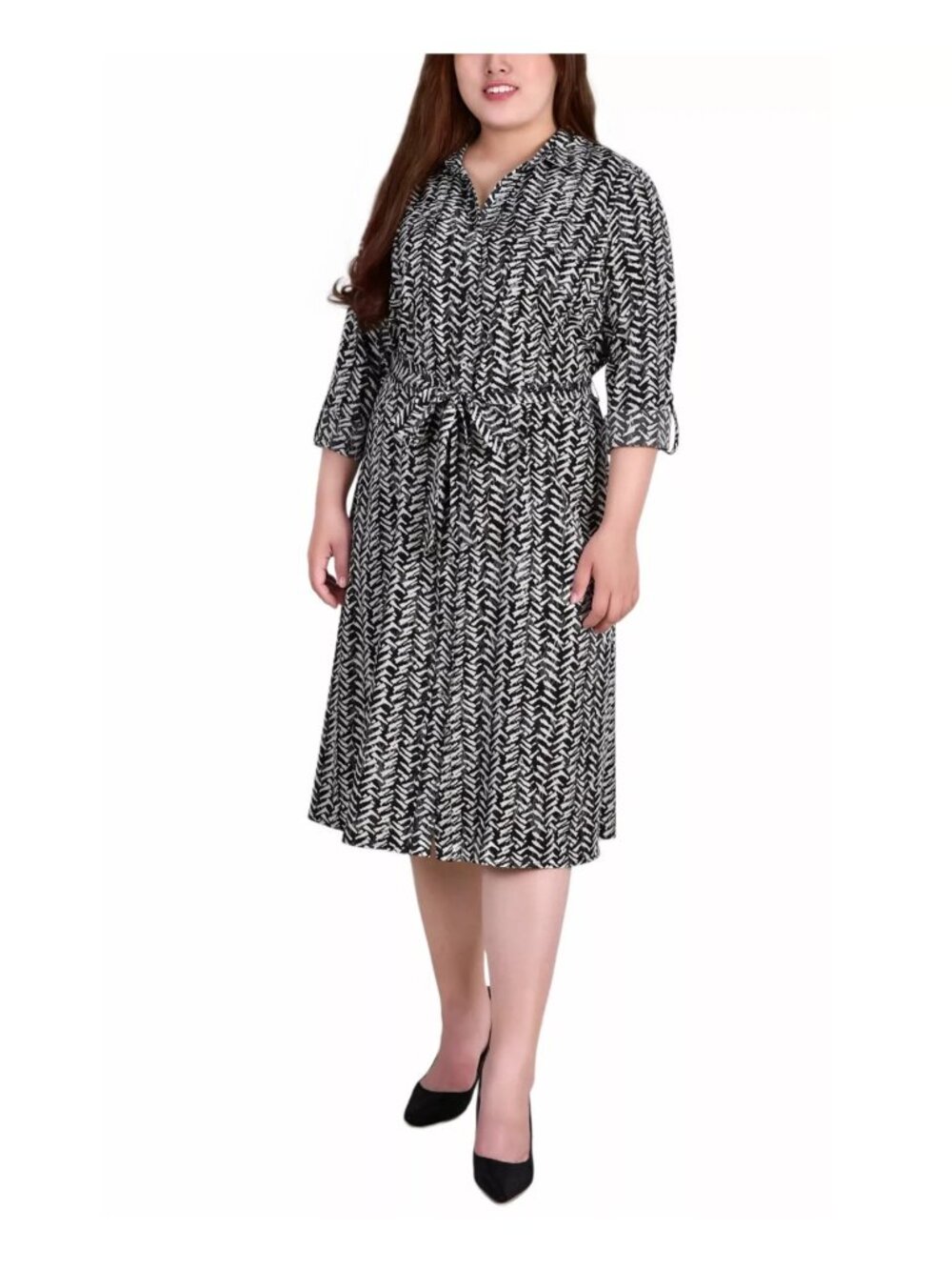 NY Collection Plus Size 1X Printed Shirt Dress Black Beige Self-tie belt
